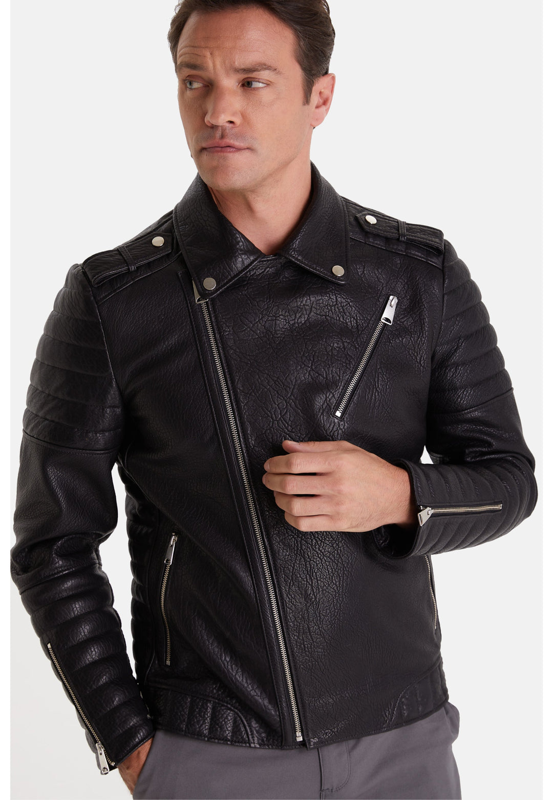 Man wearing black leather biker jacket