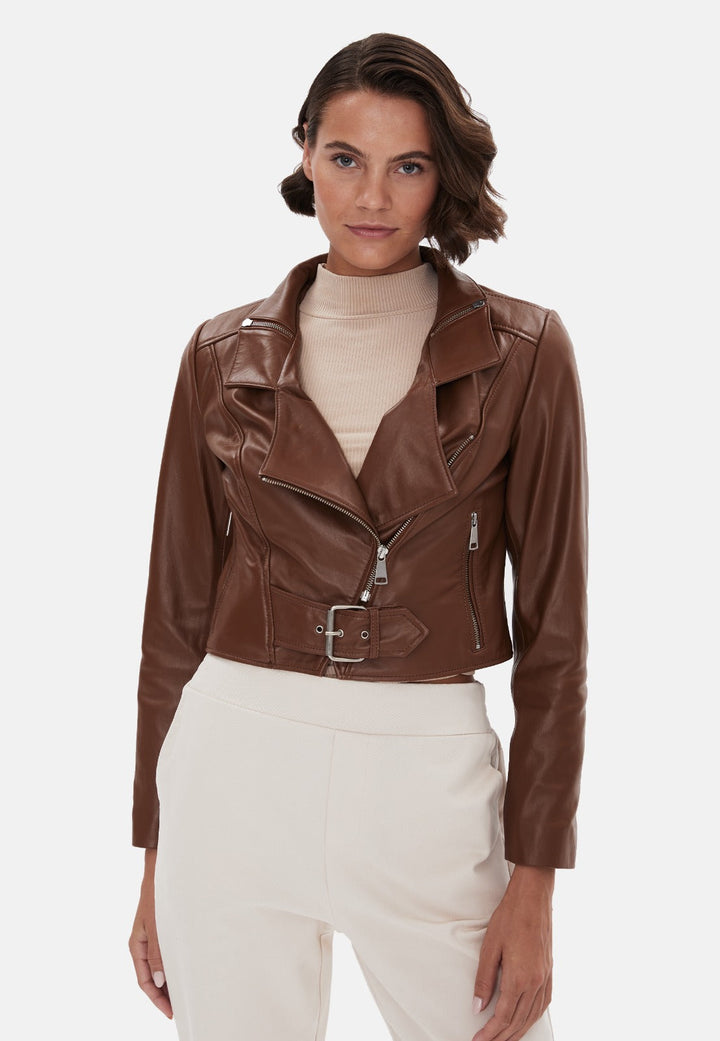 Brown leather cropped biker jacket on model