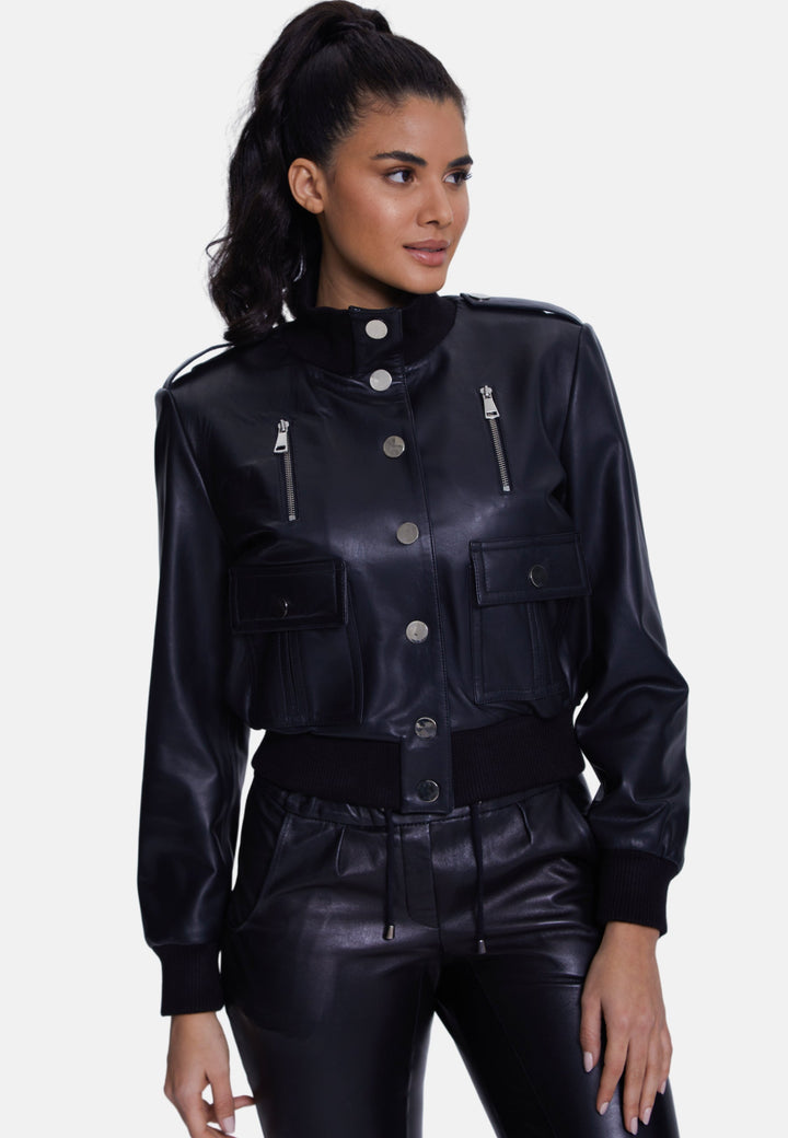 Black faux-leather bomber jacket on model