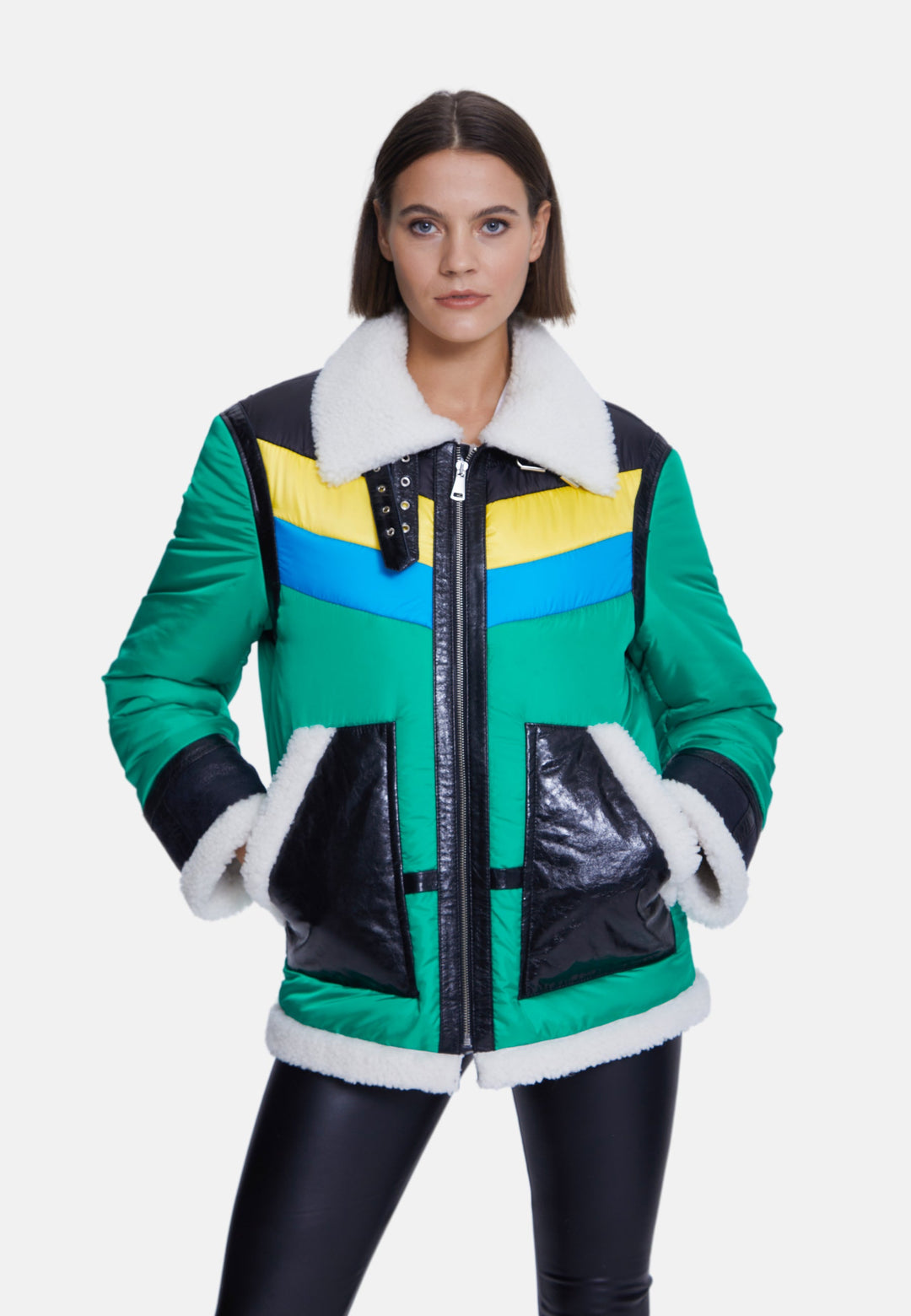 Woman wearing color-block shearling coat