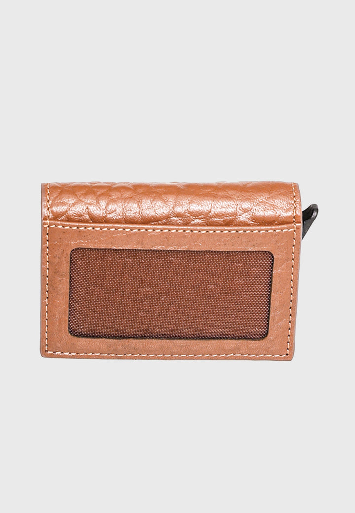 Tan leather trifold card holder with ID window