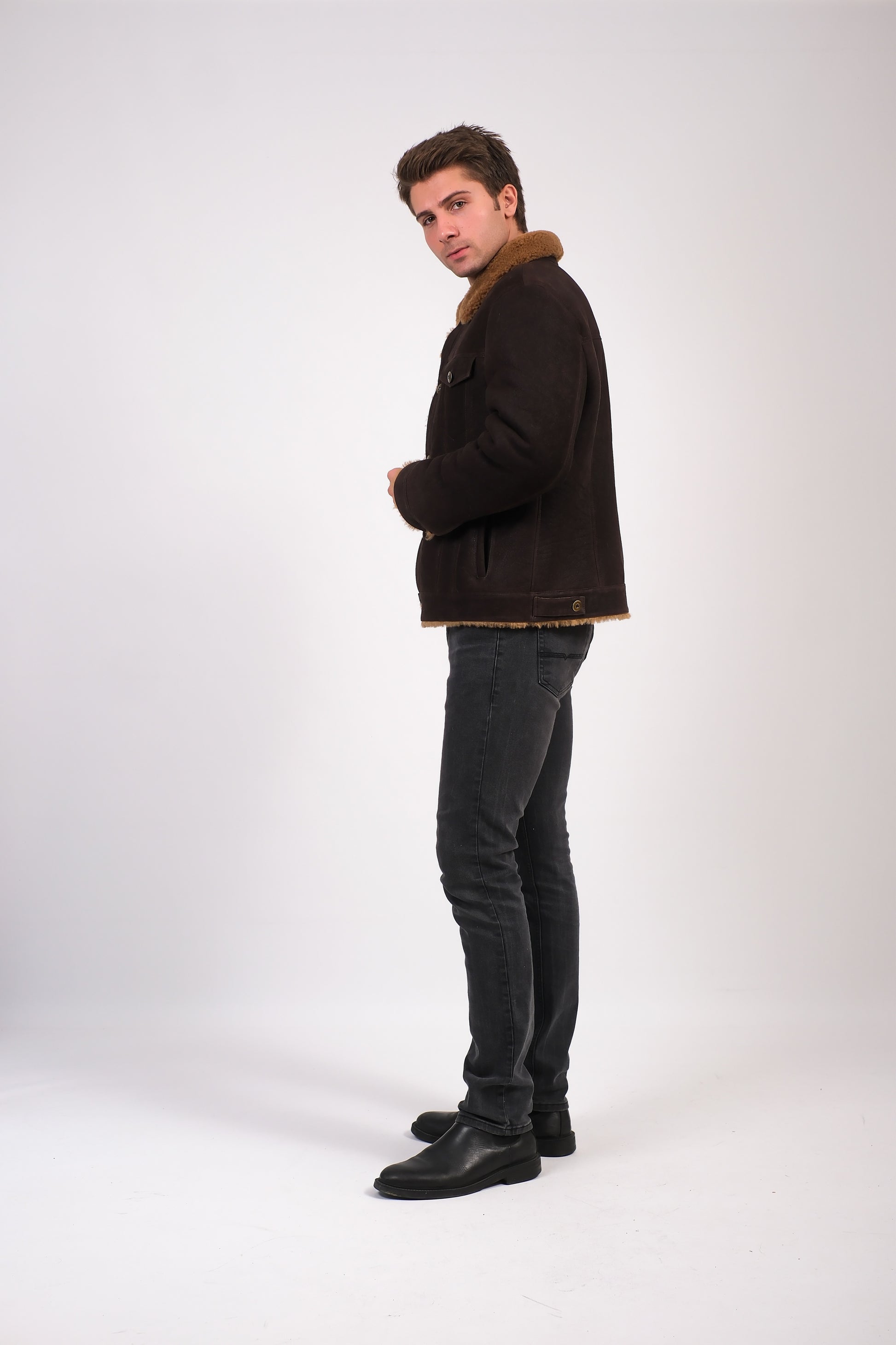 Men's Suede Casual Jacket, Washed Brown With Ginger Curly Wool