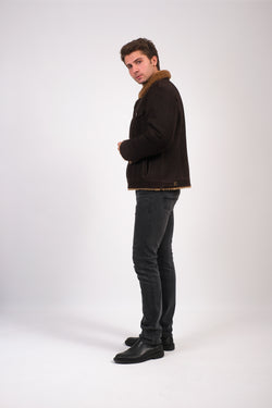 Image of Men's Suede Casual Jacket, Washed Brown With Ginger Curly Wool