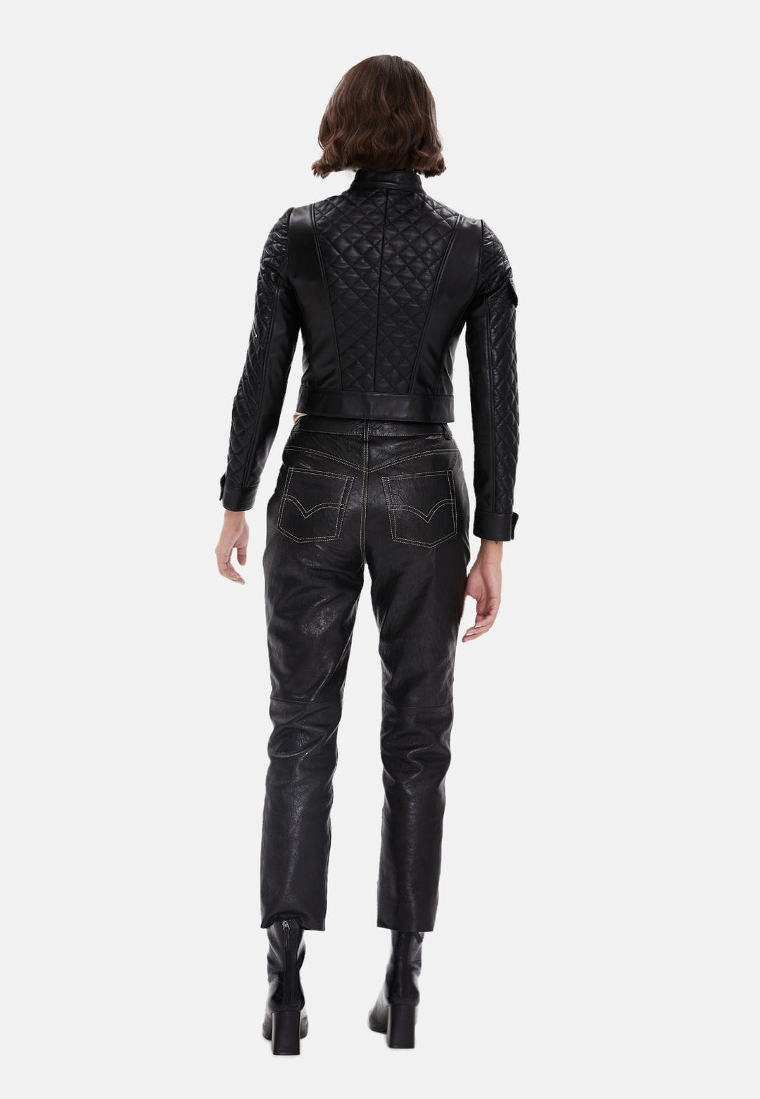 Back view black quilted leather jacket