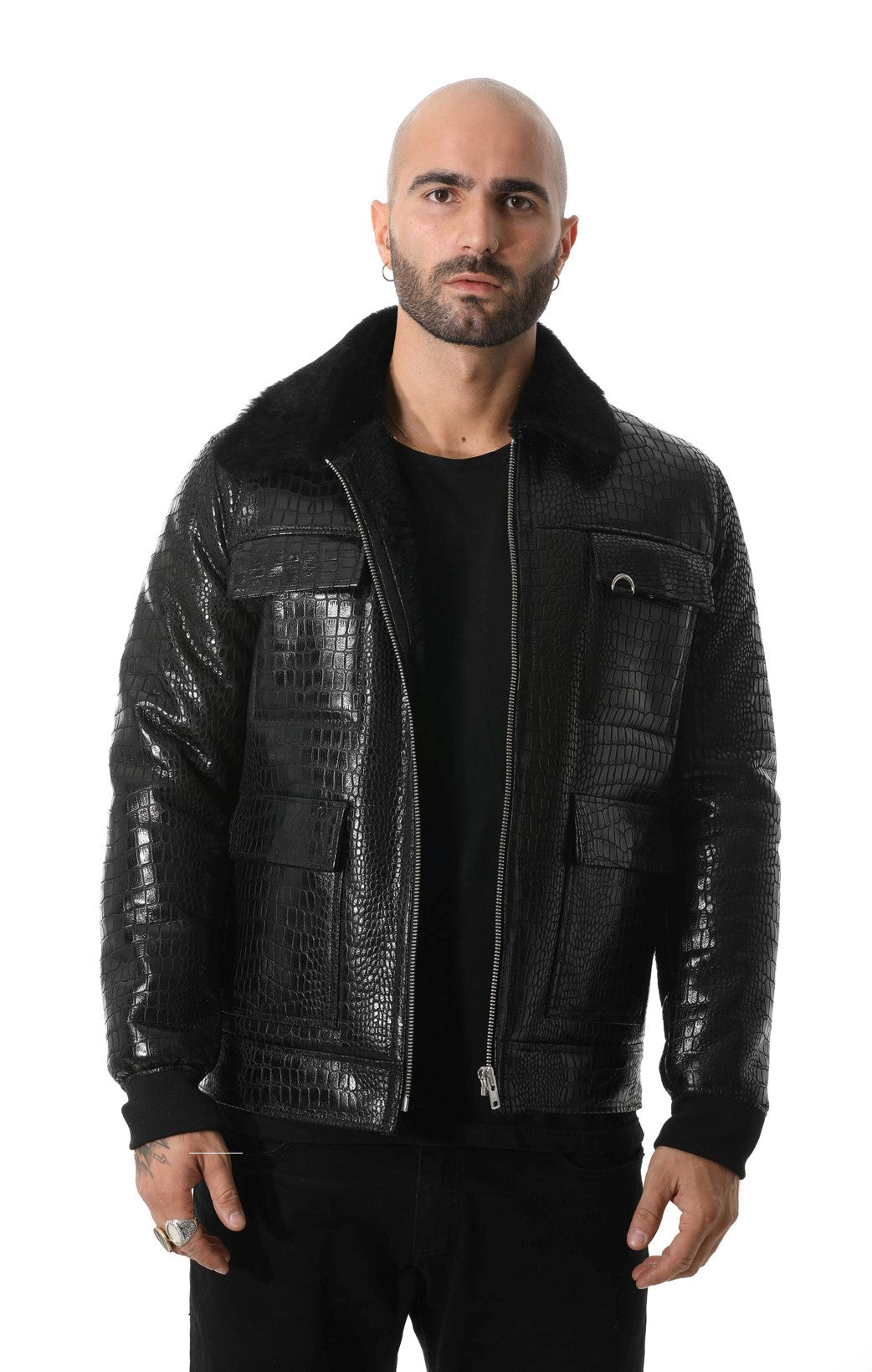 Black crocodile-embossed sheepskin jacket