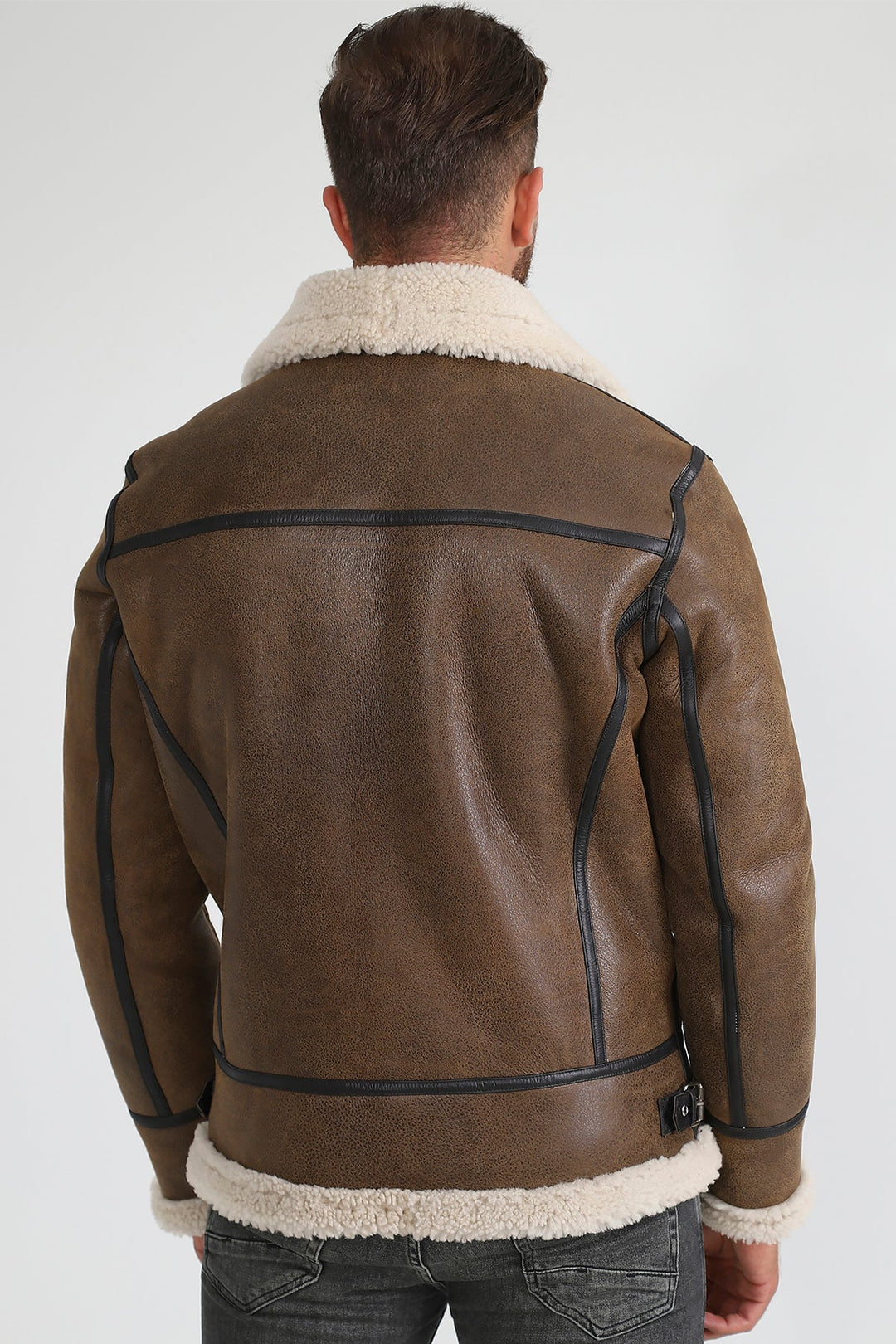 Back view brown sheepskin aviator jacket