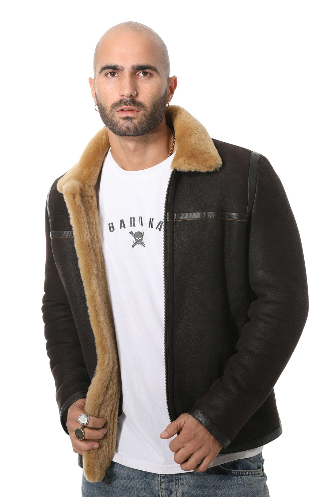 Brown shearling jacket on male model