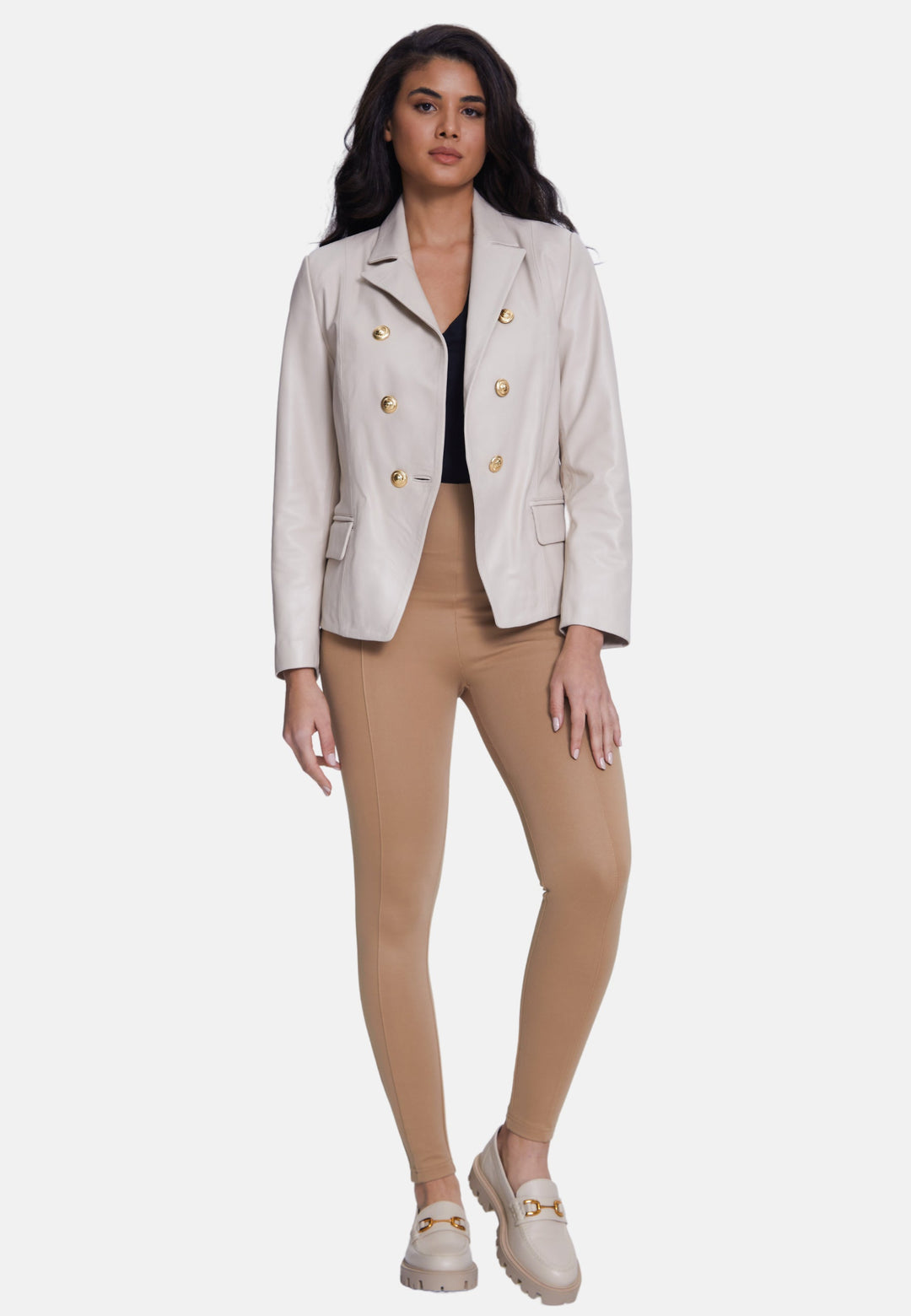Woman wearing beige leather blazer