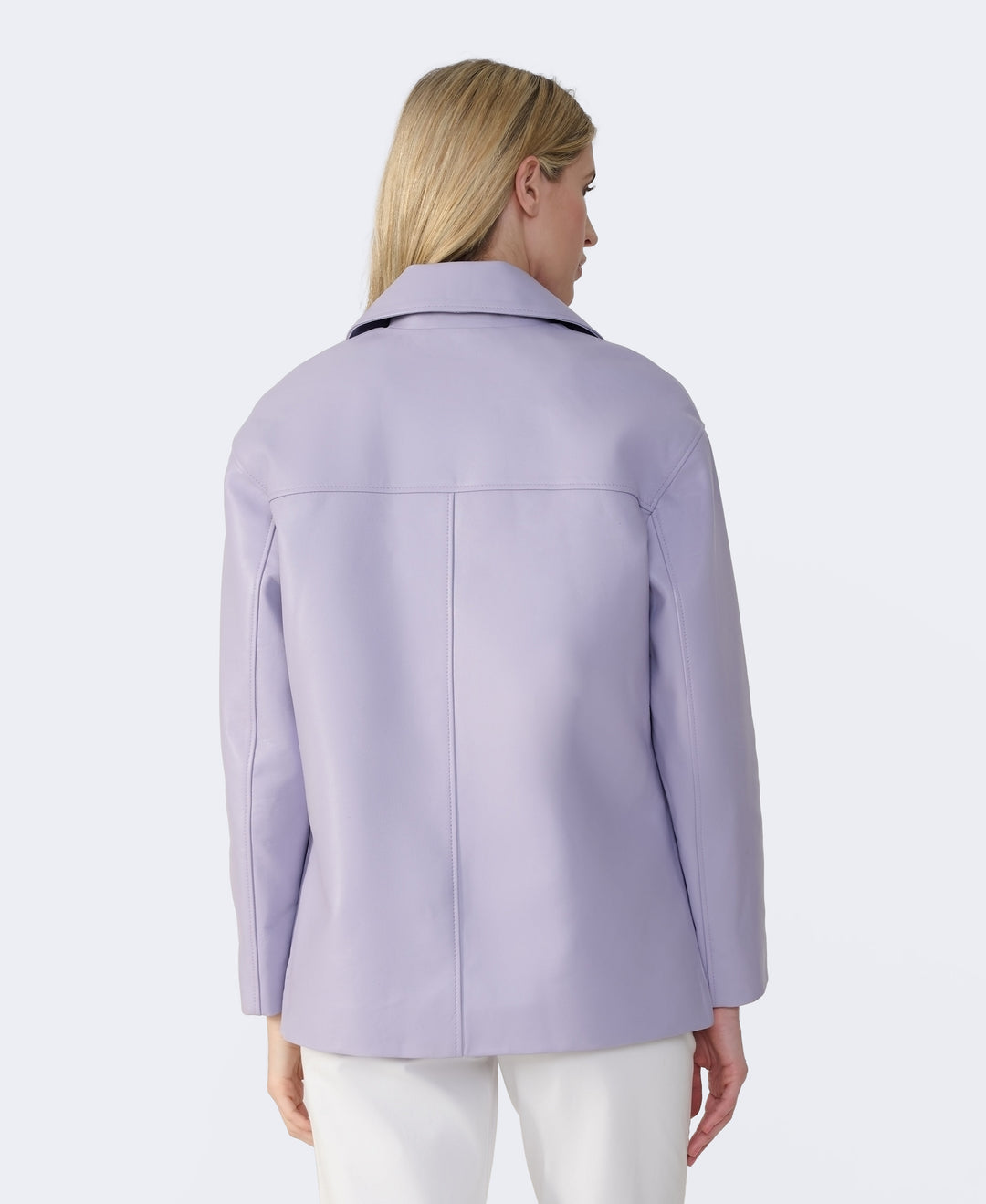 Lilac leather jacket back view