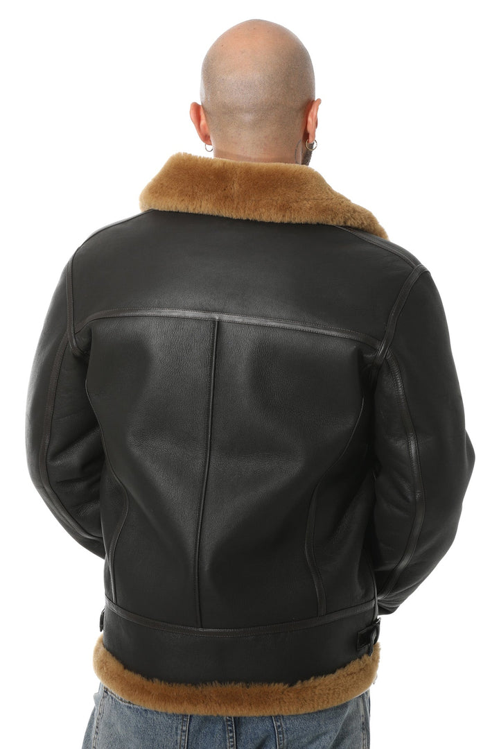 Back view black shearling aviator jacket