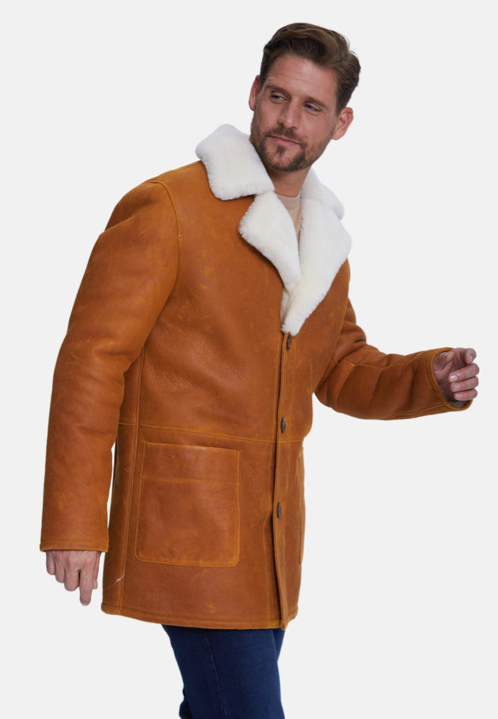 Brown sheepskin coat with white shearling collar