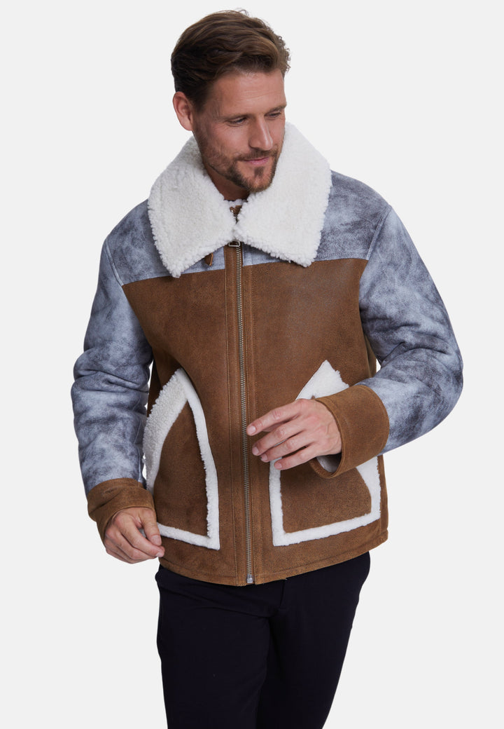 Man wearing brown sheepskin coat