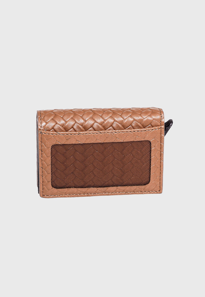 Tan woven genuine leather card holder
