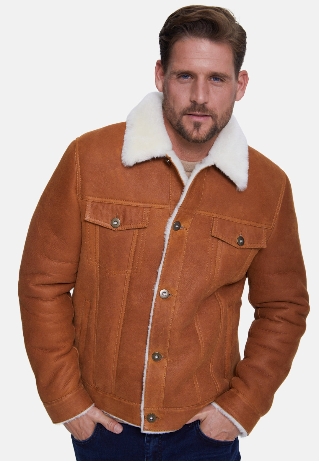 Brown suede sheepskin jacket on male model