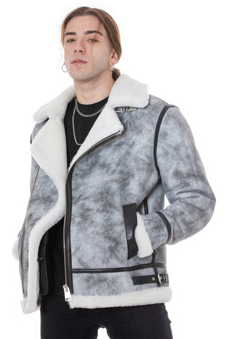 Gray shearling aviator jacket on model
