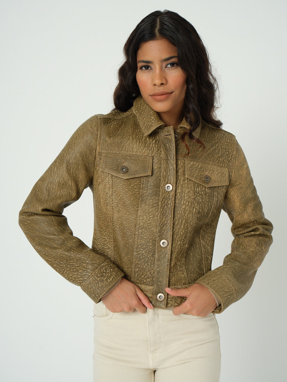 Brown textured leather jacket on model