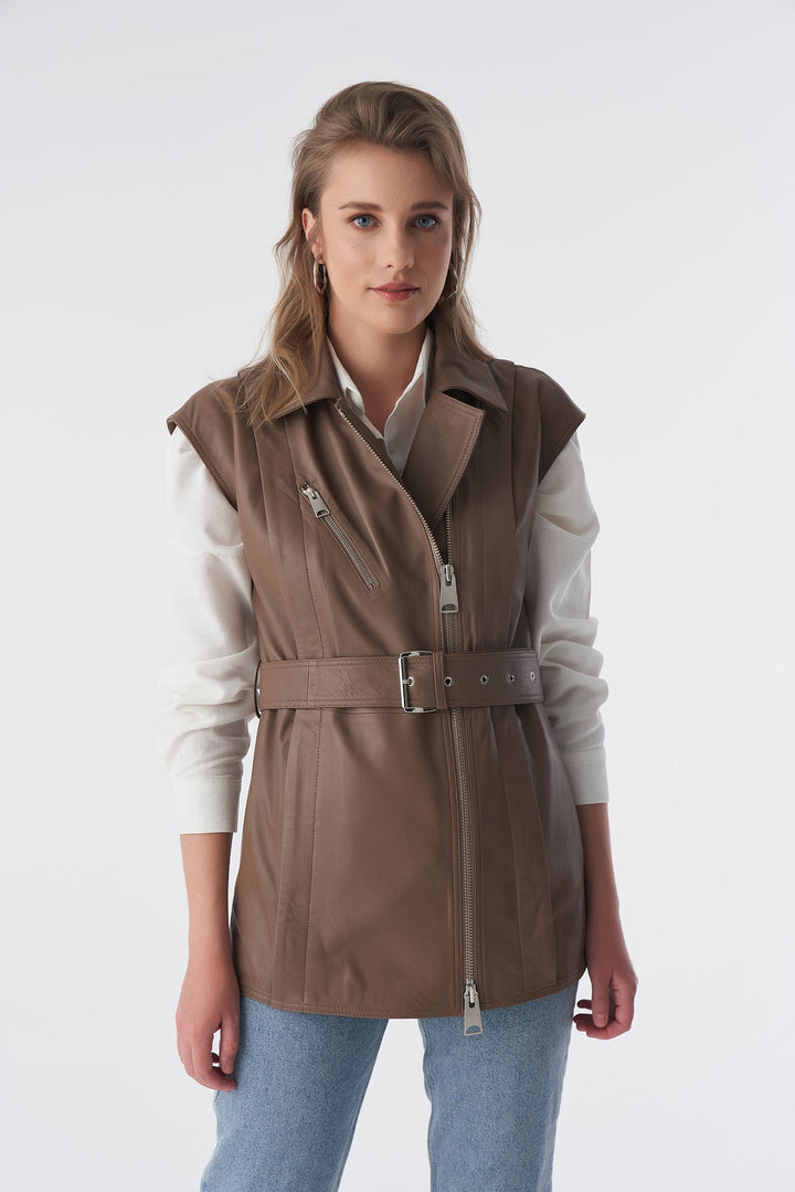 Brown leather belted vest on model