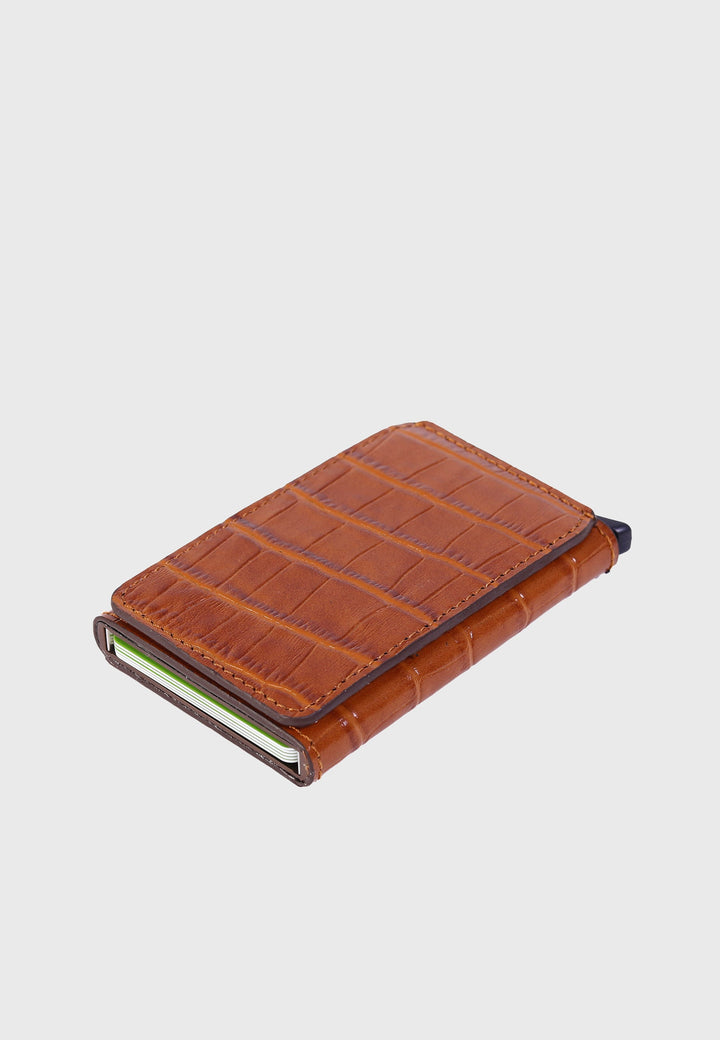 Tan crocodile-pattern leather card holder