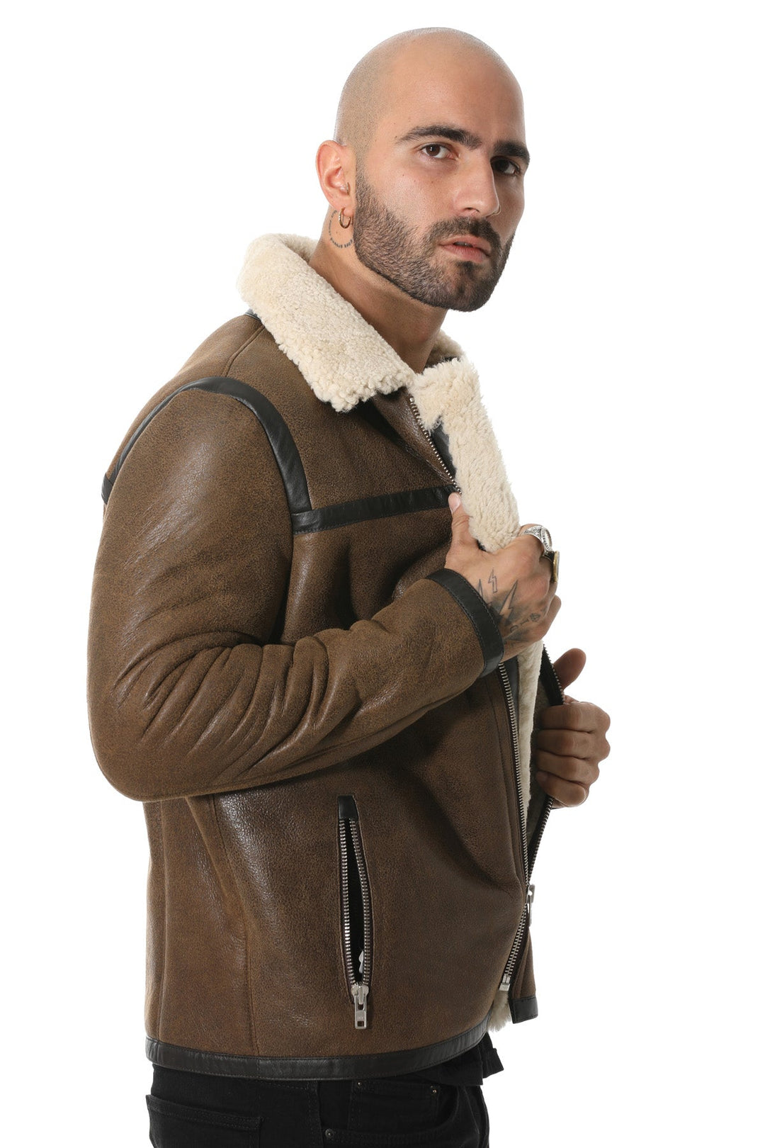 Brown sheepskin jacket with shearling collar