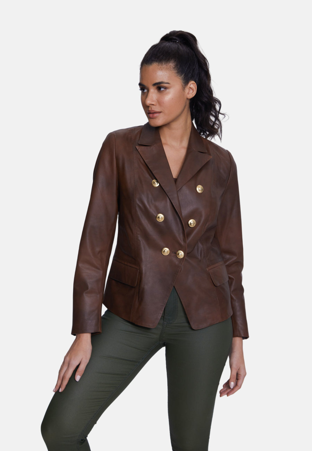 Woman wearing brown leather blazer
