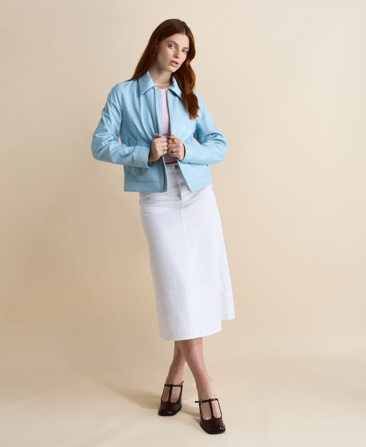 Light blue leather jacket on model