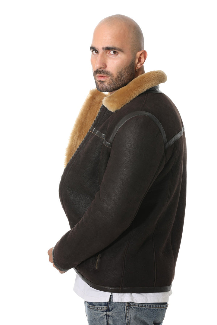 Man wearing brown shearling jacket