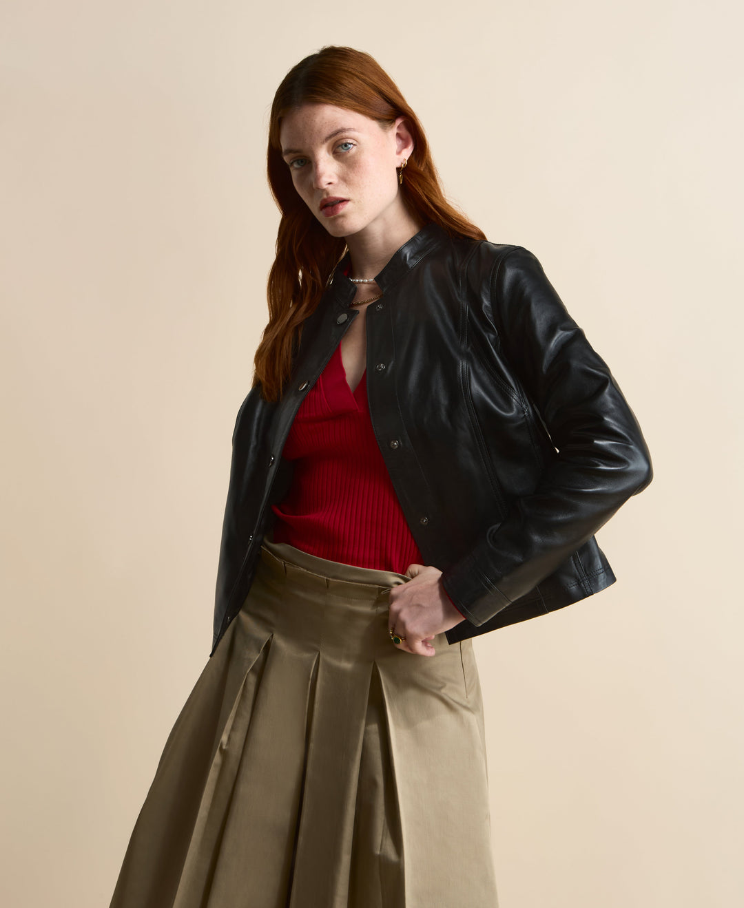 Woman wearing black leather jacket