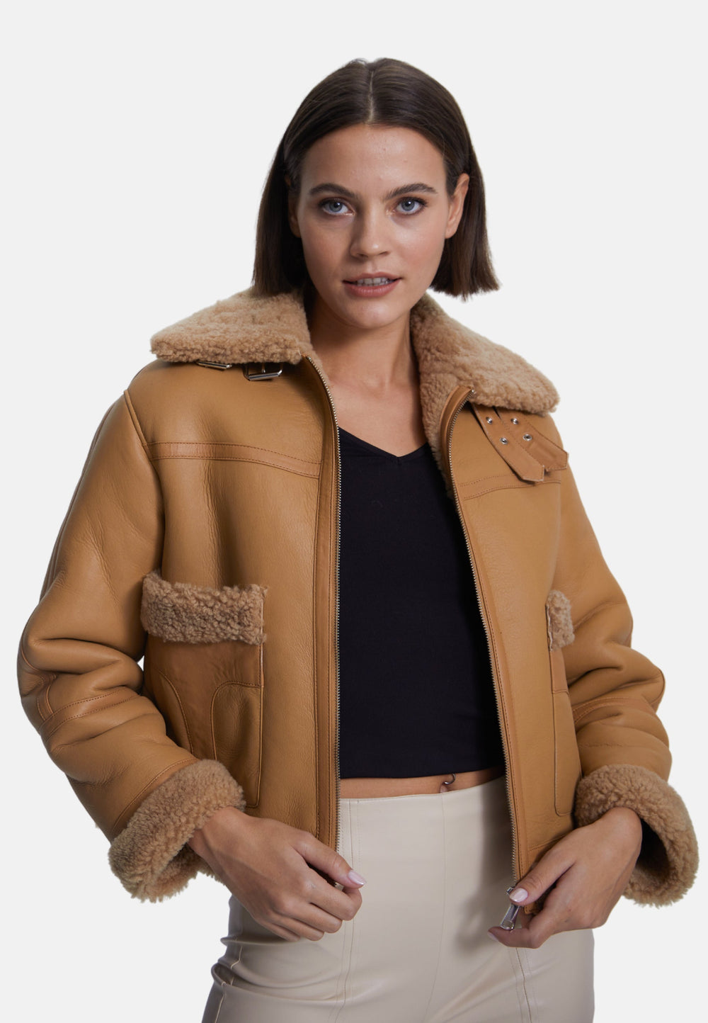 Beige sheepskin jacket on model