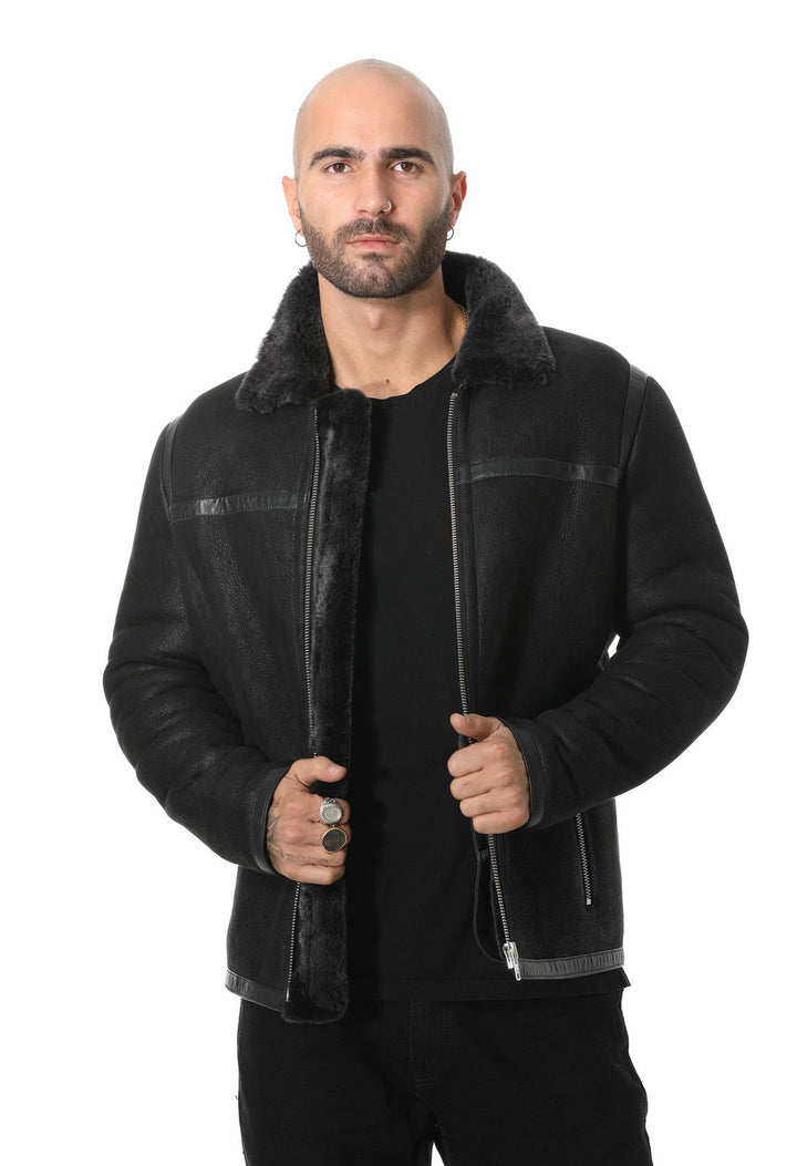 Male model wearing black sheepskin jacket
