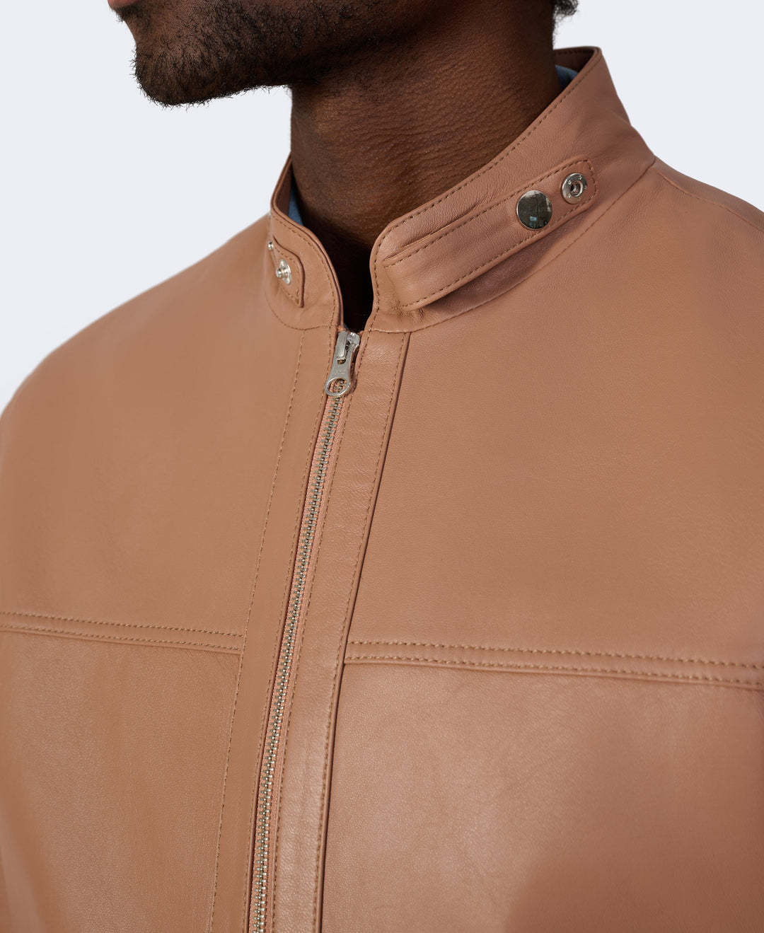 Tan leather jacket with snap collar