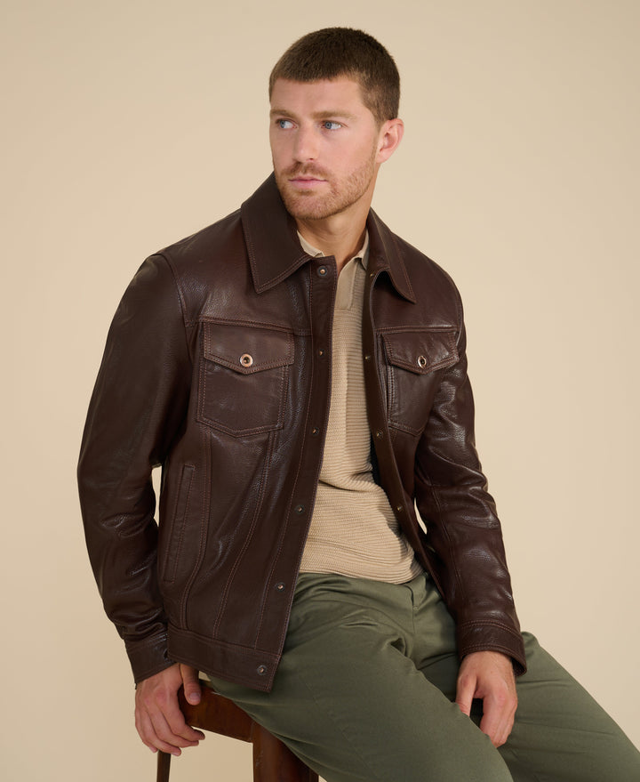 Man wearing dark brown leather jacket