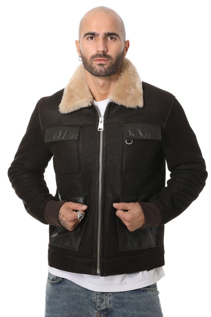 Man wearing brown shearling jacket
