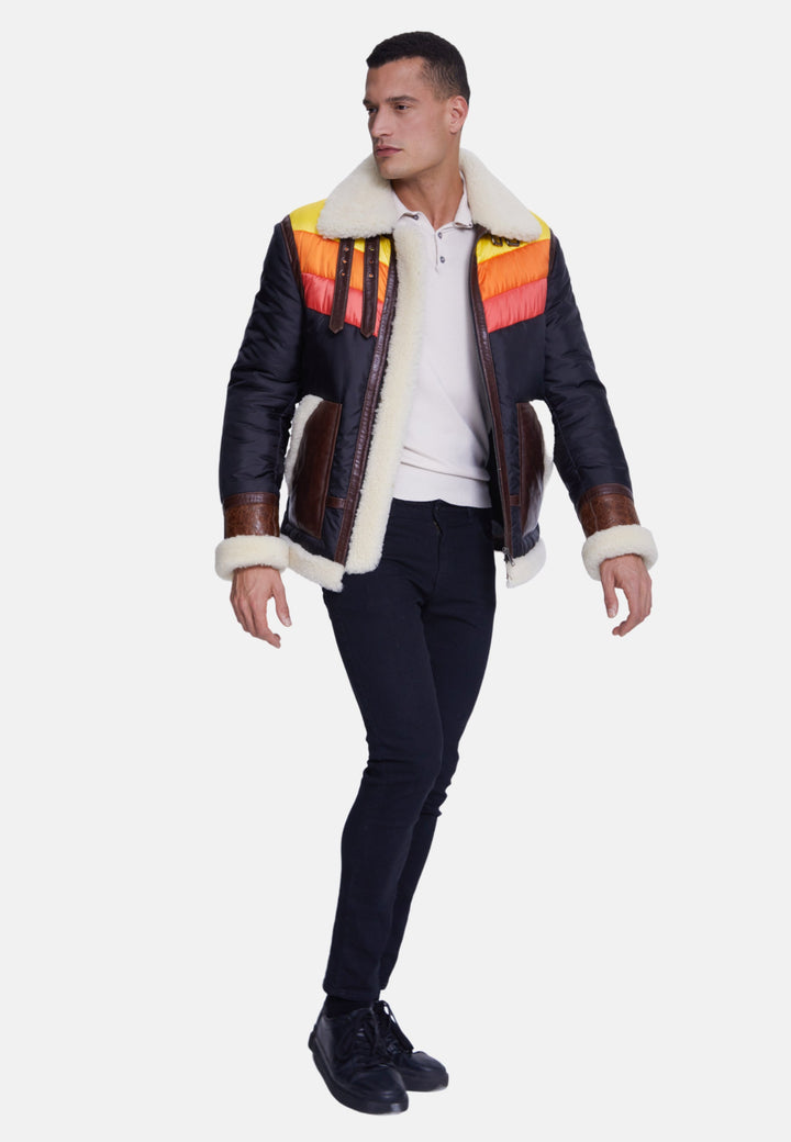 Male model wearing sheepskin bomber coat