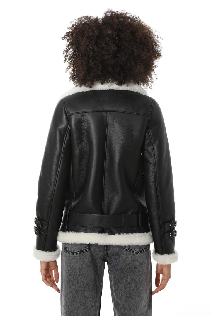 Back view black sheepskin jacket