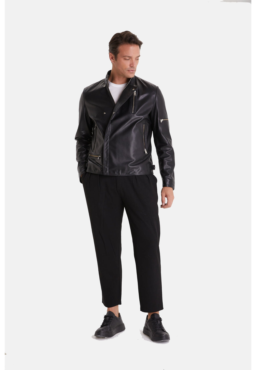 Man wearing black leather biker jacket