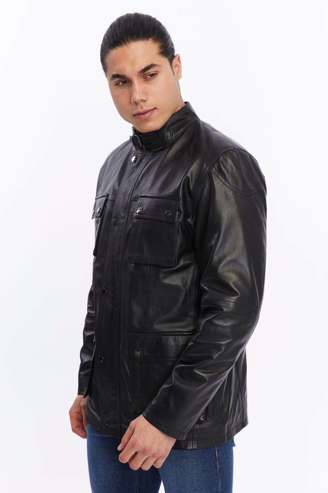 Man wearing black leather jacket
