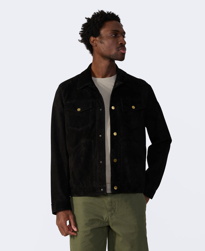 Male model wearing black suede jacket
