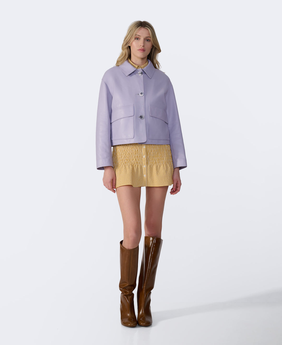 Lavender leather jacket on model