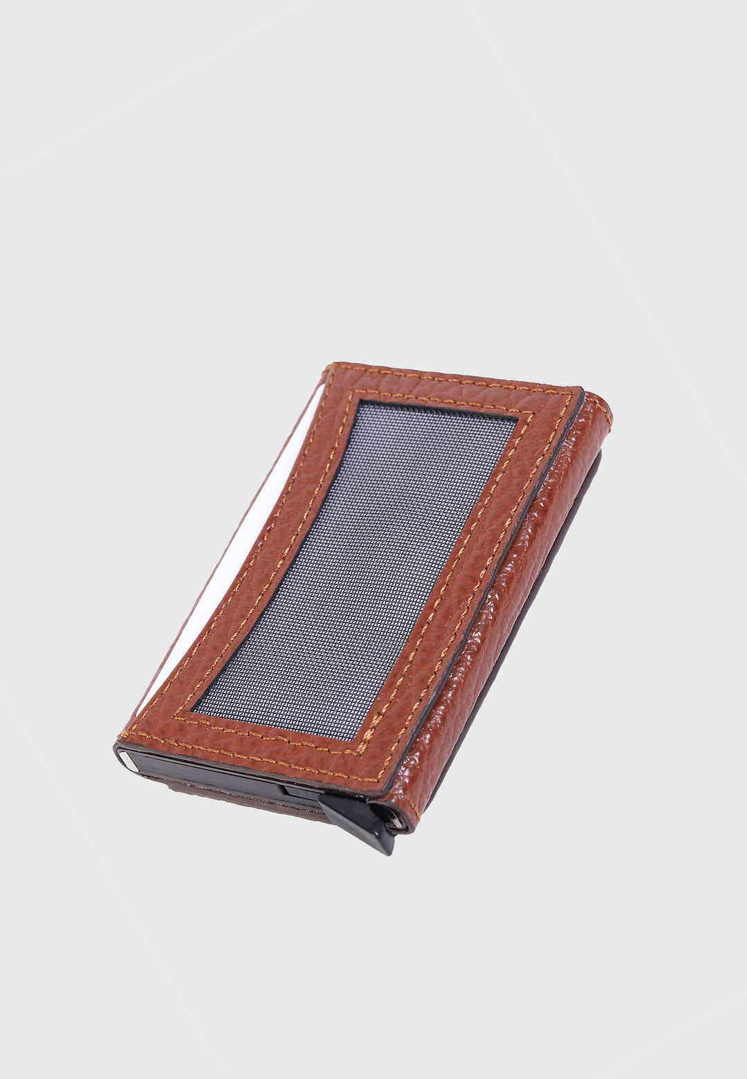 Tan leather card holder with ID window