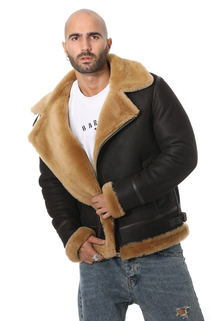 Male wearing brown shearling jacket
