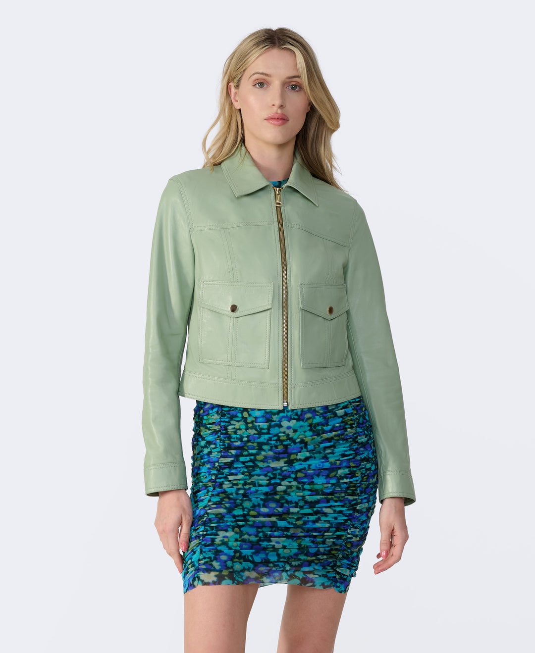 Mint leather jacket with front zipper