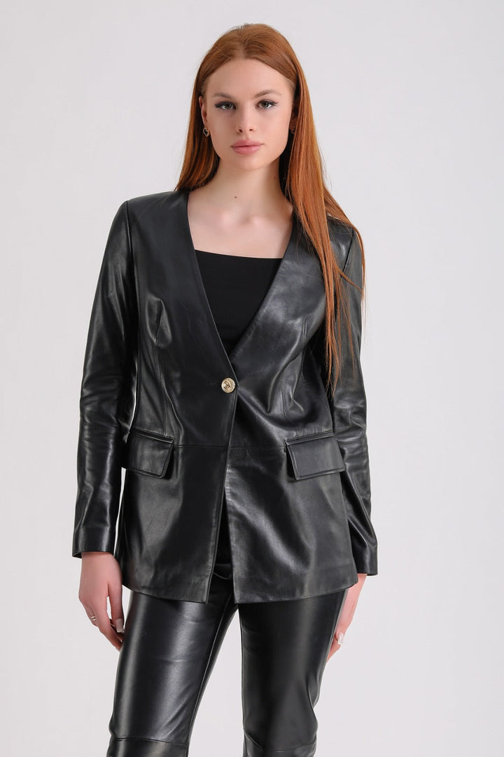 Female model wearing black leather blazer