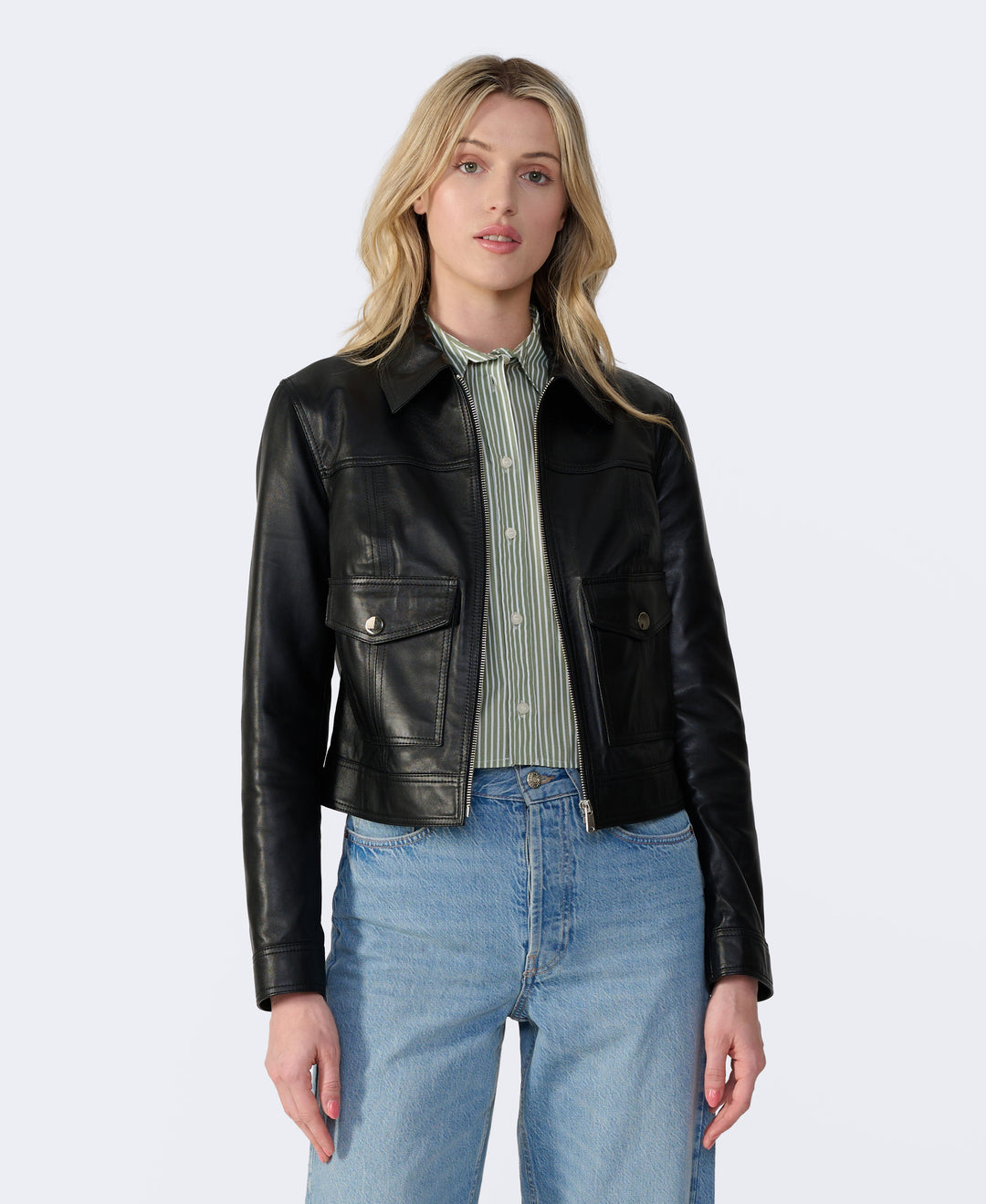 Black leather jacket with flap pockets