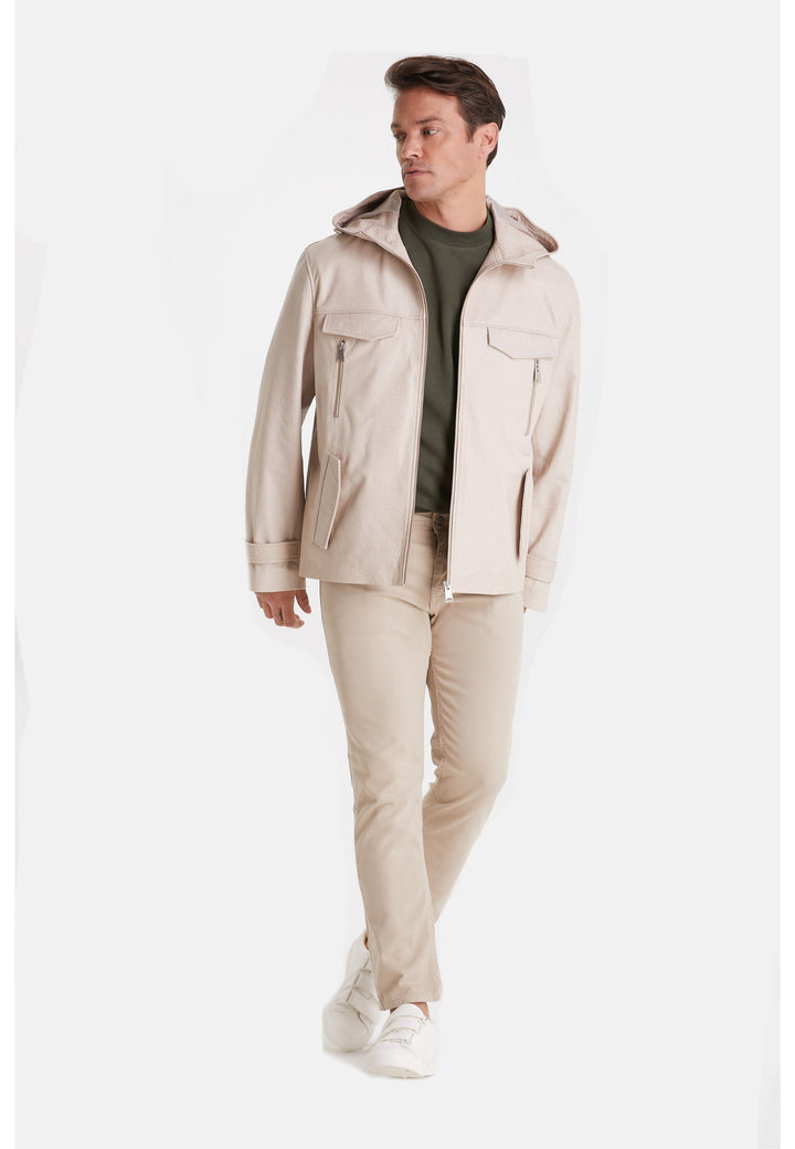 Cream hooded leather jacket on model