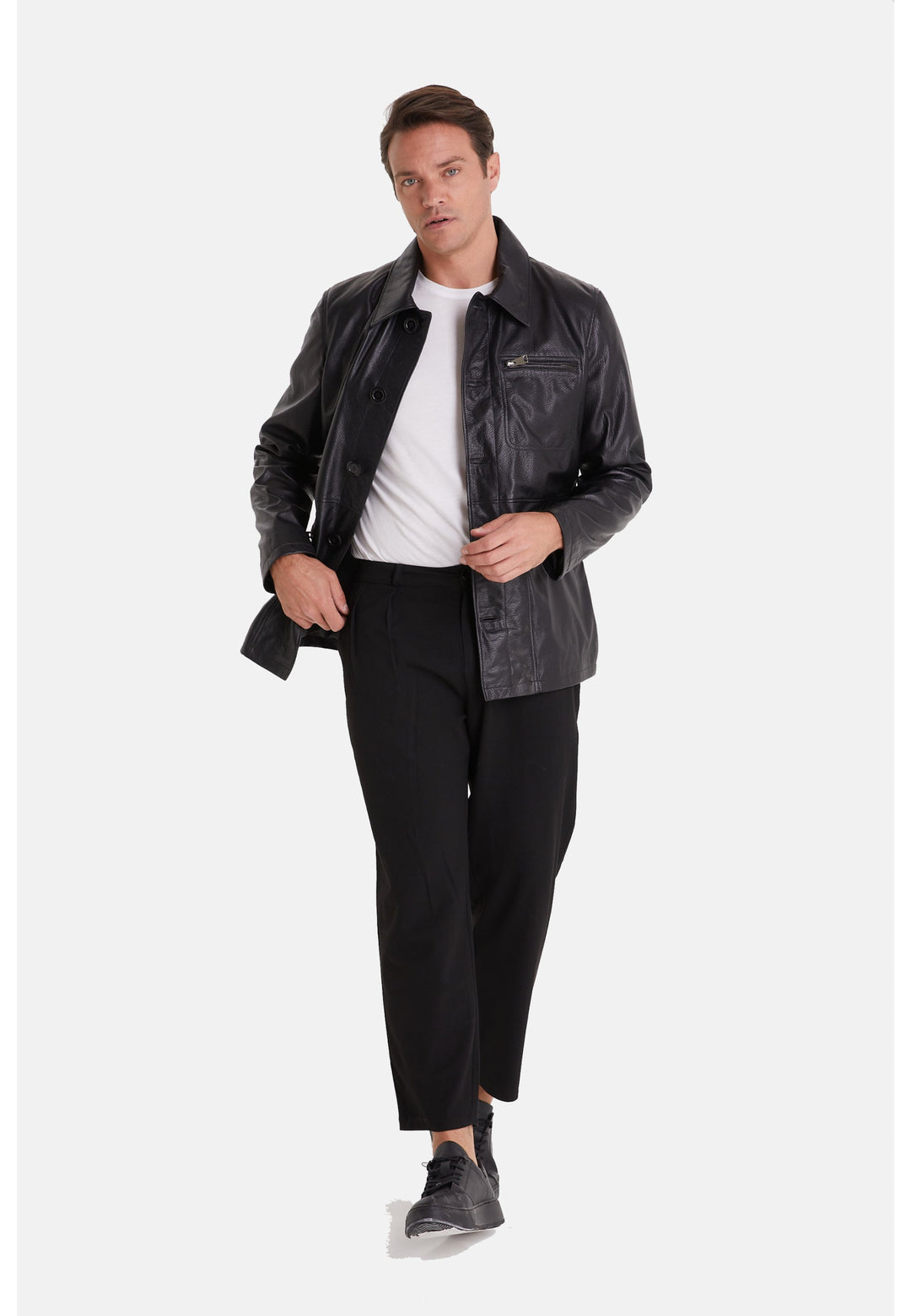 Man wearing black leather jacket