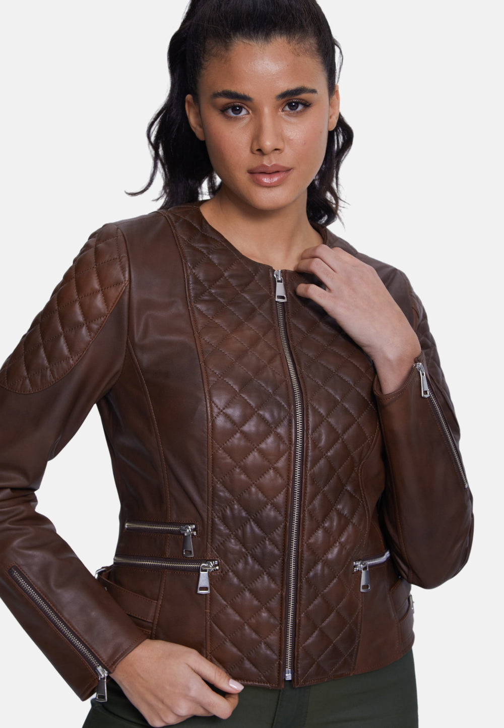 Brown quilted leather jacket on model