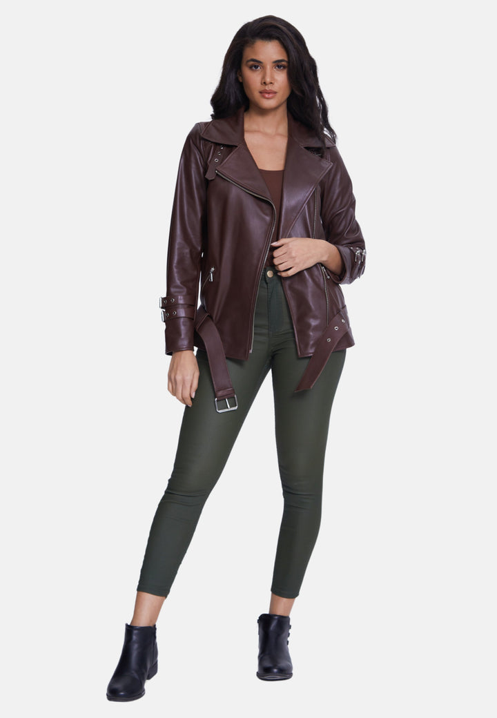 Woman wearing brown leather jacket