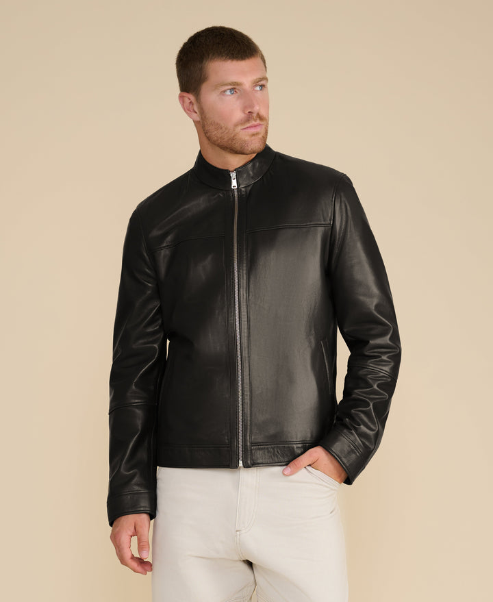 Black racer leather jacket on model