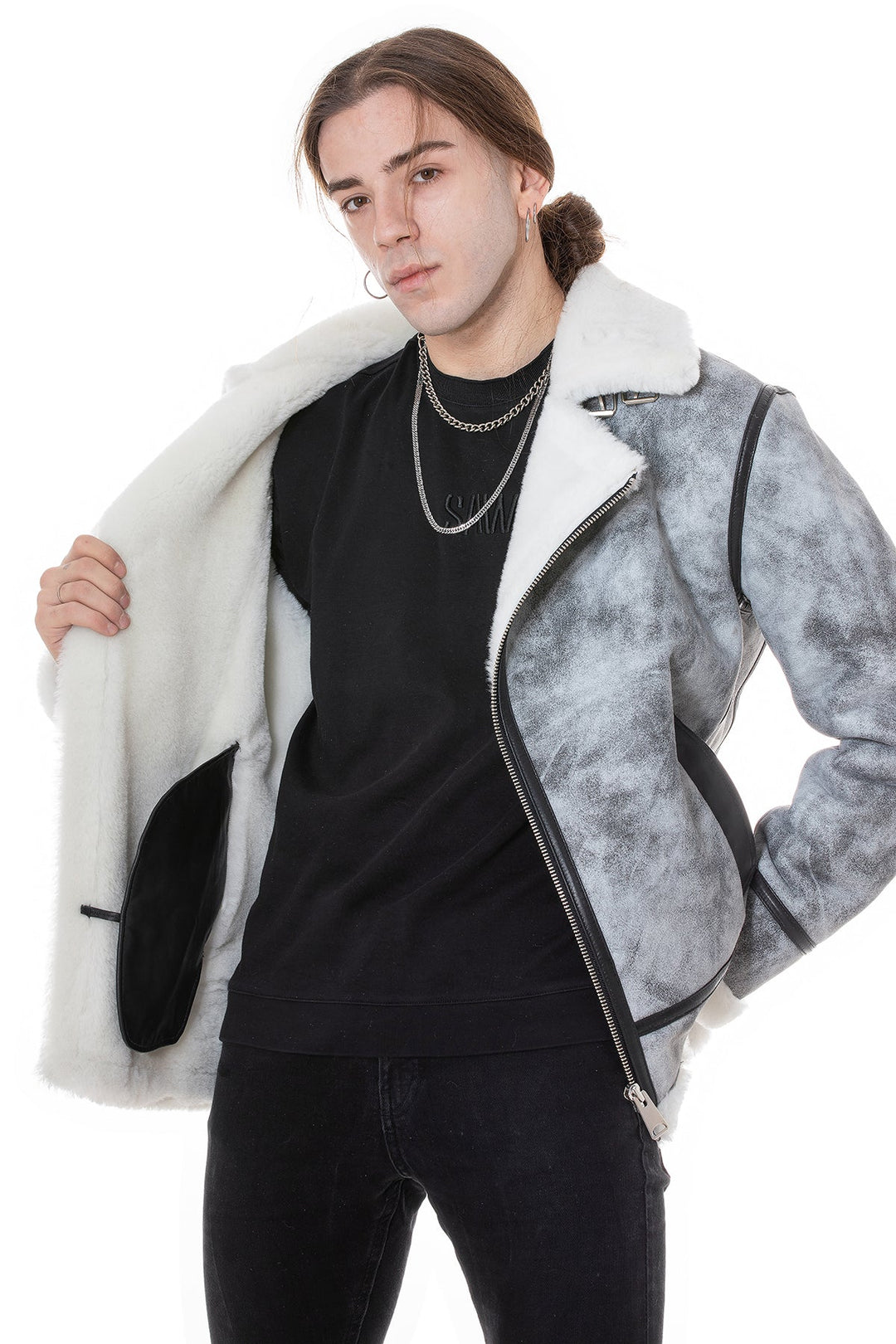 Man wearing grey shearling biker jacket