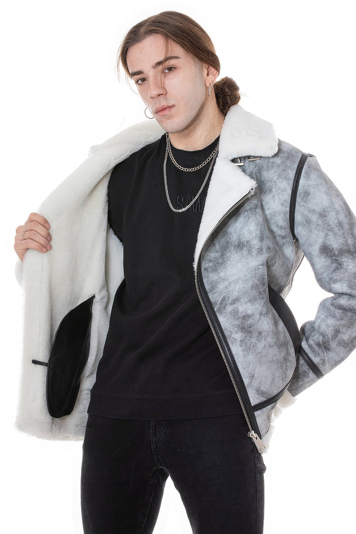 Man wearing grey shearling biker jacket